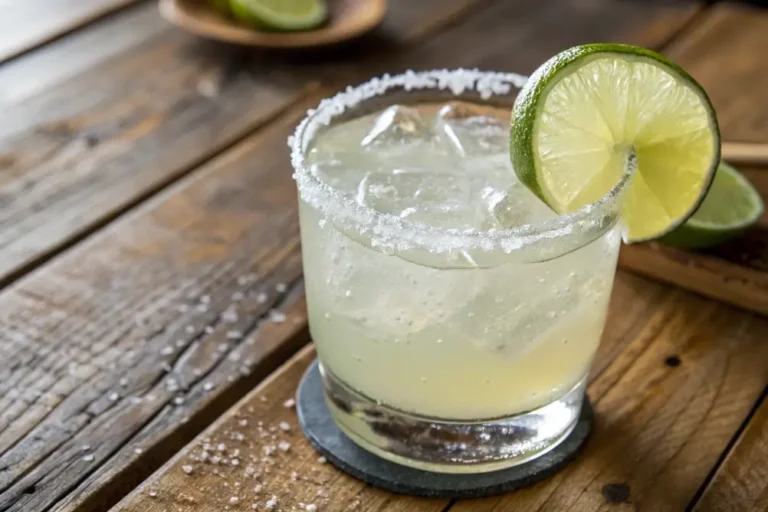 Salt-rimmed glass of Low-Carb Virgin Margarita mocktail with lime wheel