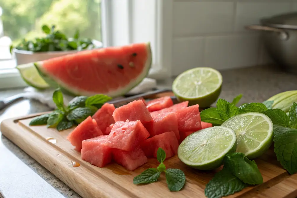 Fresh ingredients for watermelon mojito mocktail