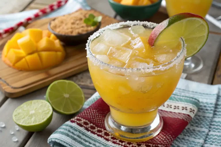 Frosty virgin mango margarita mocktail in a salt-rimmed glass, garnished with lime wheel and mango slice
