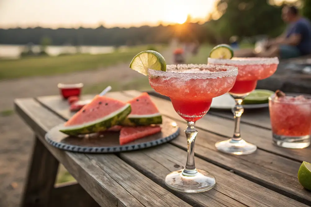 Two virgin watermelon margaritas on picnic table at summer BBQ, golden-hour light	