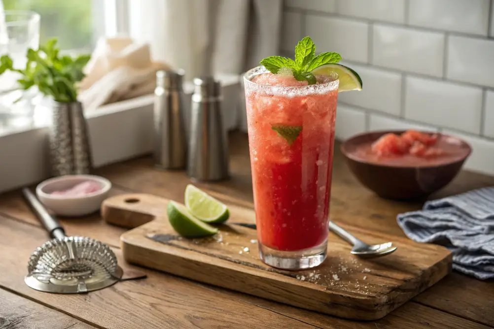 Tall glass of virgin watermelon margarita with lime wheel and mint on rustic wood table in natural window light	