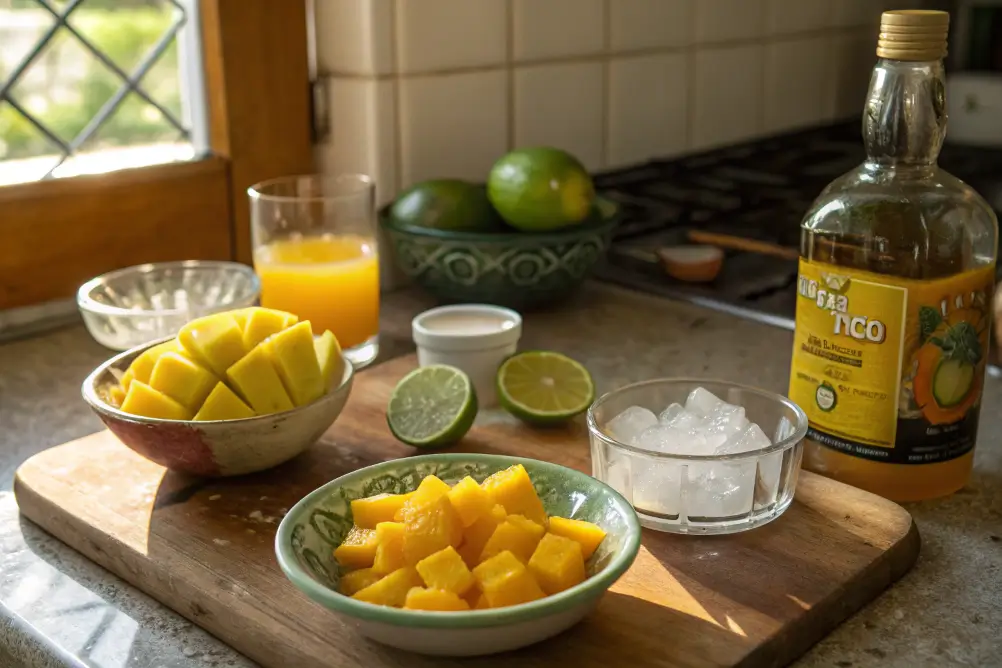 Virgin mango margarita ingredients arranged on counter