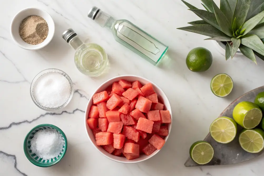 Ingredients for virgin watermelon margarita measured on marble countertop	