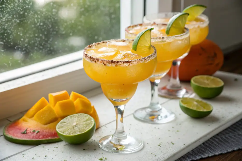 Three mango mocktails served with garnishes

