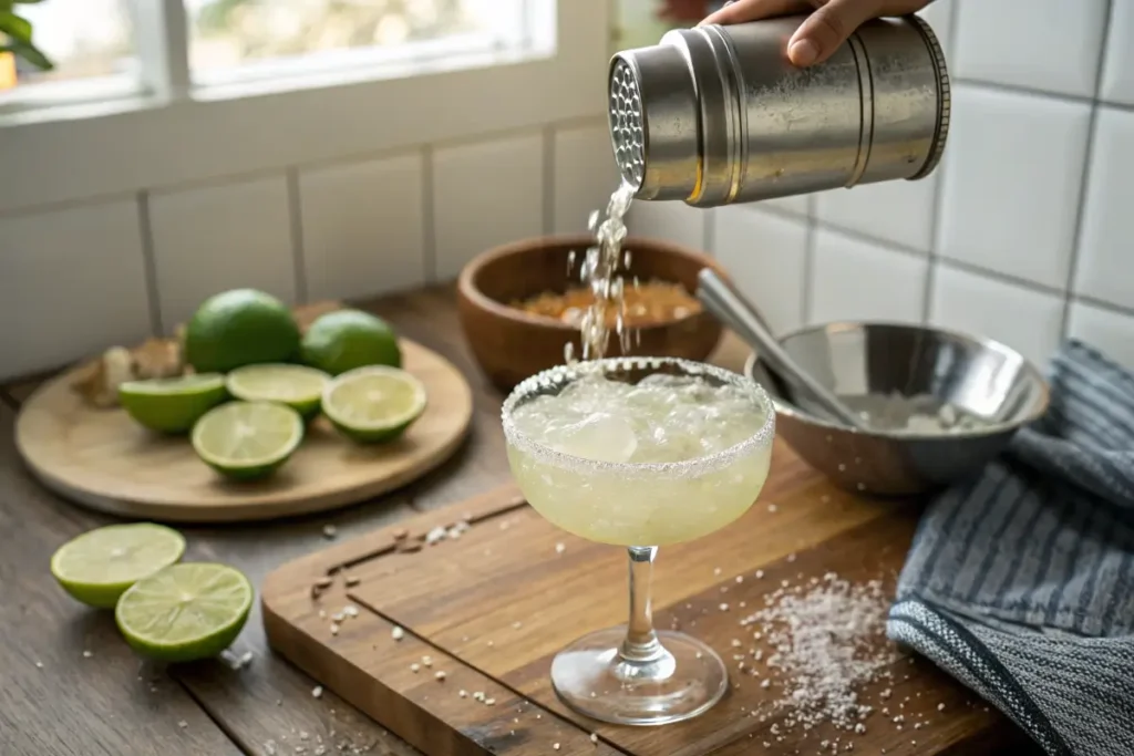 pouring virgin margarita recipe, splash, salt-rimmed glass