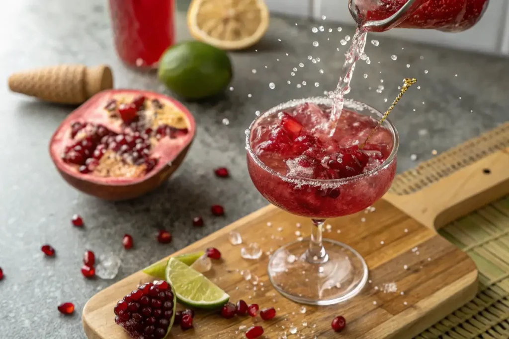 Pouring a fresh virgin pomegranate margarita into a cocktail glass