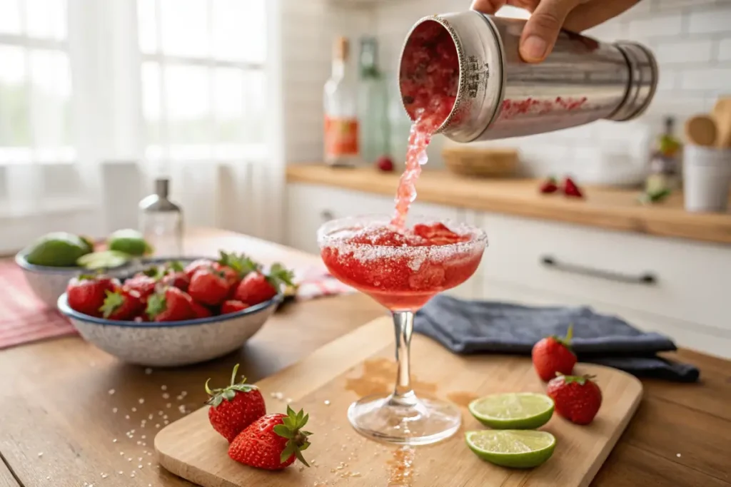 pouring virgin strawberry margarita, splash moment

