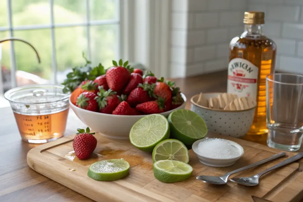 ingredients for virgin strawberry margarita on kitchen table