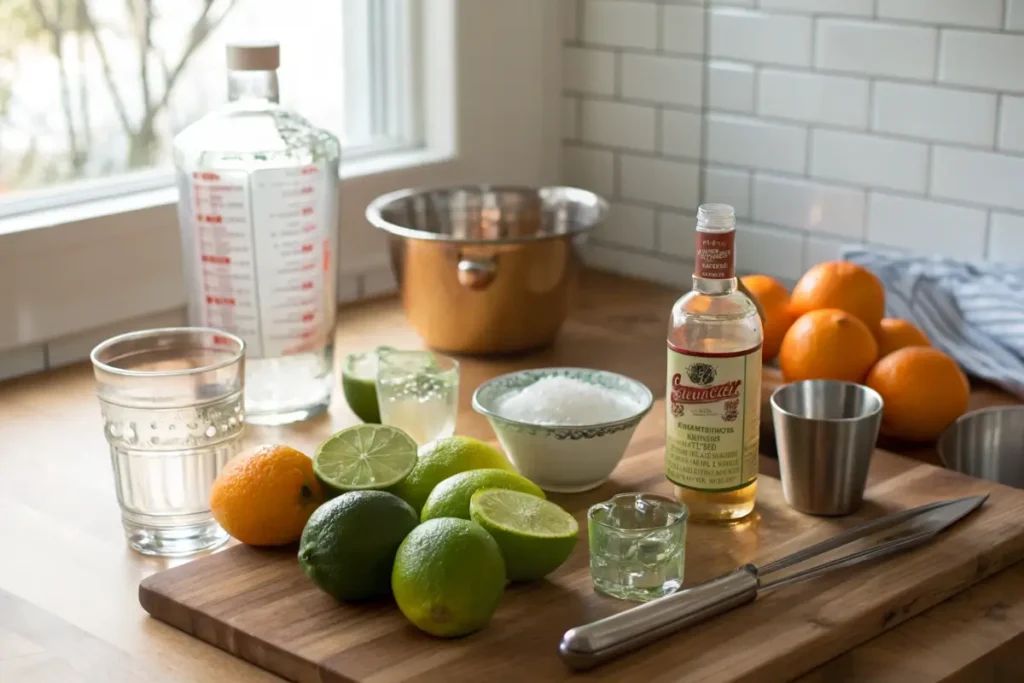 ingredients for virgin margarita recipe on wood kitchen table

