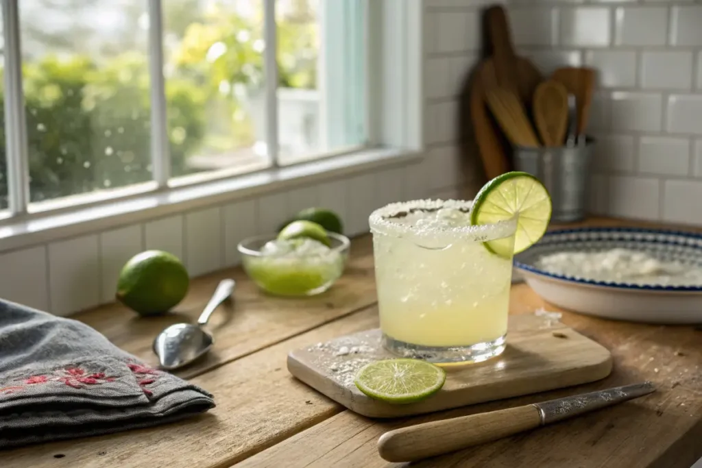 Virgin margarita in a salt-rimmed glass, lime wheel garnish, kitchen background
