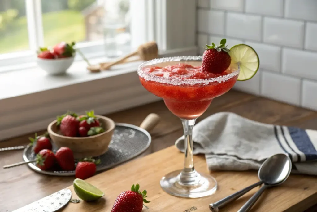 Frozen virgin strawberry margarita in a sugar-rimmed glass with fresh strawberry and lime garnish

