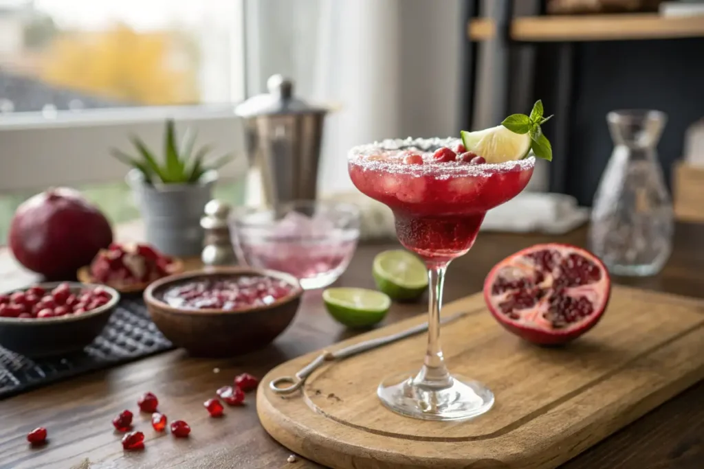 virgin pomegranate margarita in kitchen with lime and pomegranate garnish

