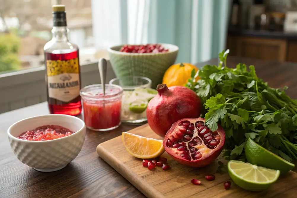Virgin pomegranate margarita ingredients ready to mix

