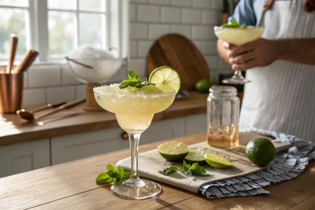 Frozen virgin margarita in tall glass with lime and mint