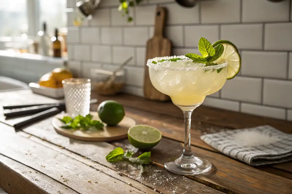 Virgin margarita in a tall glass on a rustic table