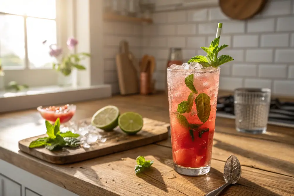 Watermelon mojito mocktail in sunlit kitchen with mint and lime

