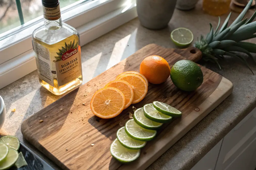 Fresh lime, orange, and agave syrup ready to mix.