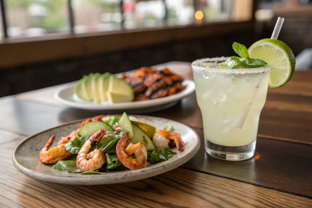 Low-Carb Virgin Margarita served with shrimp and salad