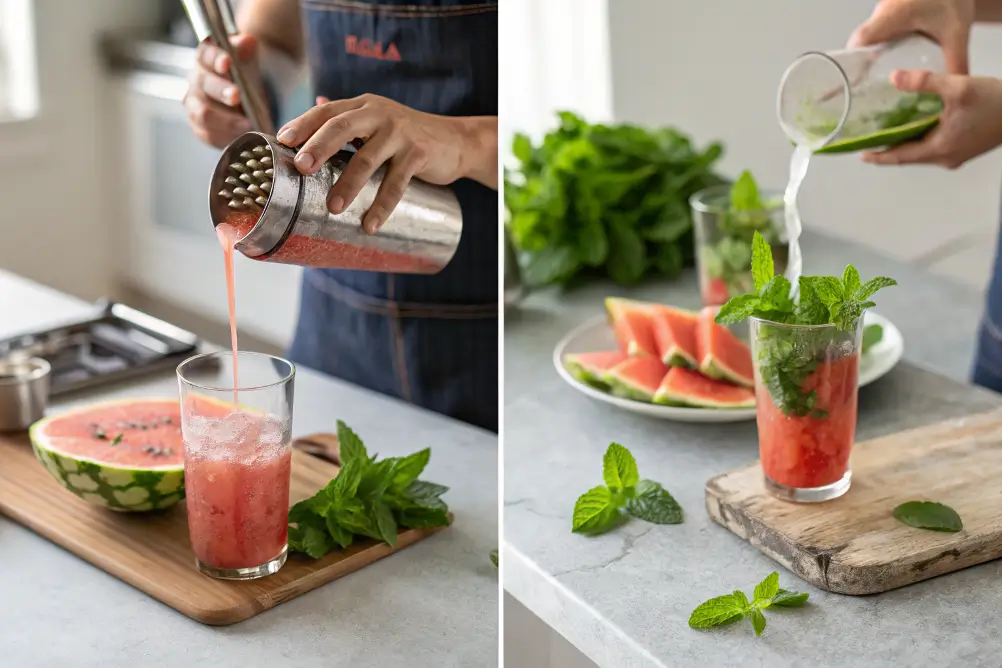 Pouring watermelon juice into a glass with mint	