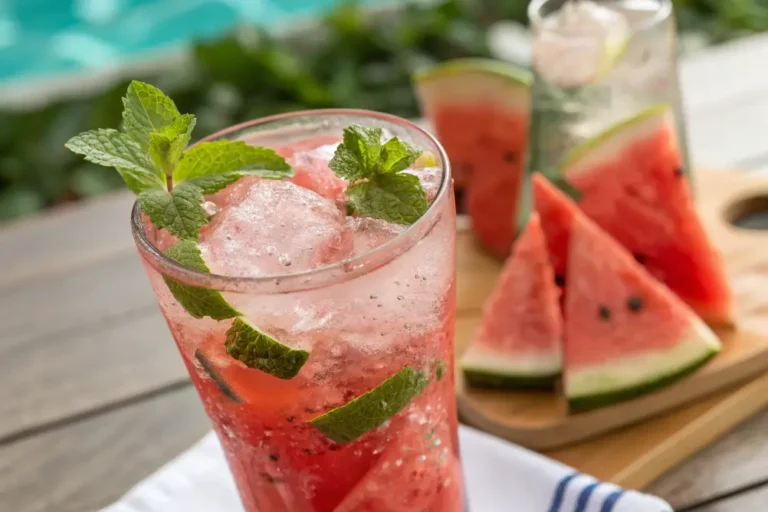 tall glasses of watermelon mojito garnished with mint, lime, and watermelon.