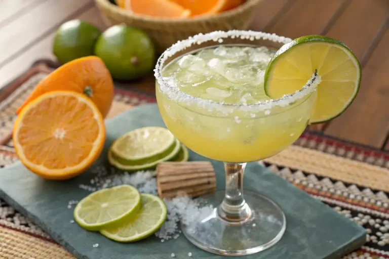 Salt-rimmed glass of bright Virgin Margarita mocktail with lime wheel garnish