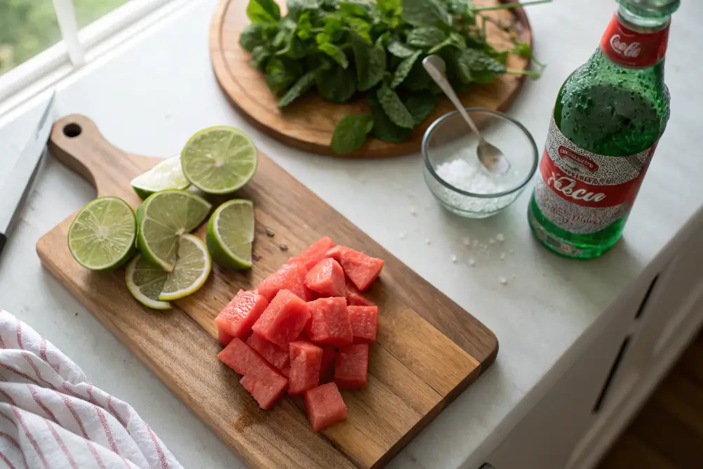 Fresh watermelon, mint, lime, and soda on a board	
