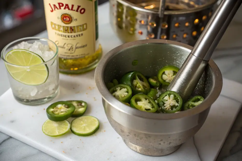 Muddling lime and jalapeño for virgin spicy margarita