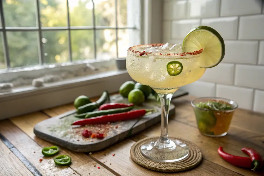 Virgin spicy margarita with lime and jalapeño near kitchen window