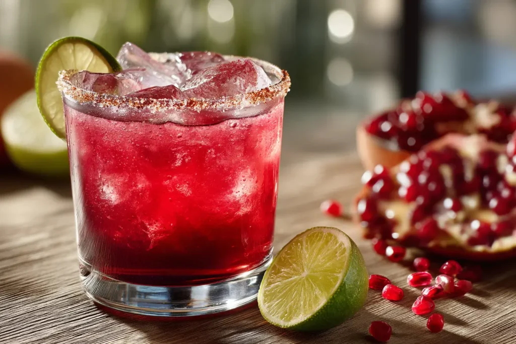 Pouring belly’s margarita recipe over ice with a tajín rim
