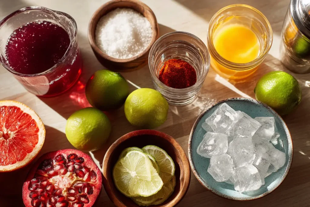 Ingredients for belly’s margarita recipe arranged on a kitchen table