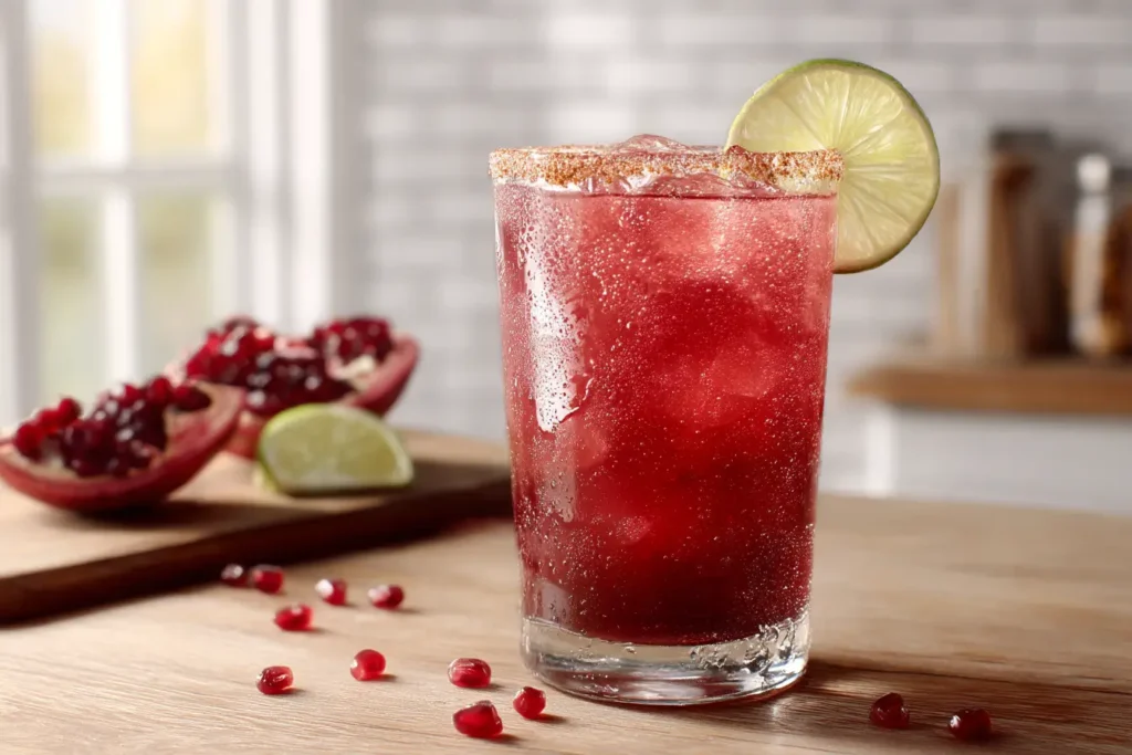 Bright red belly’s margarita recipe with tajín rim and lime in natural kitchen light