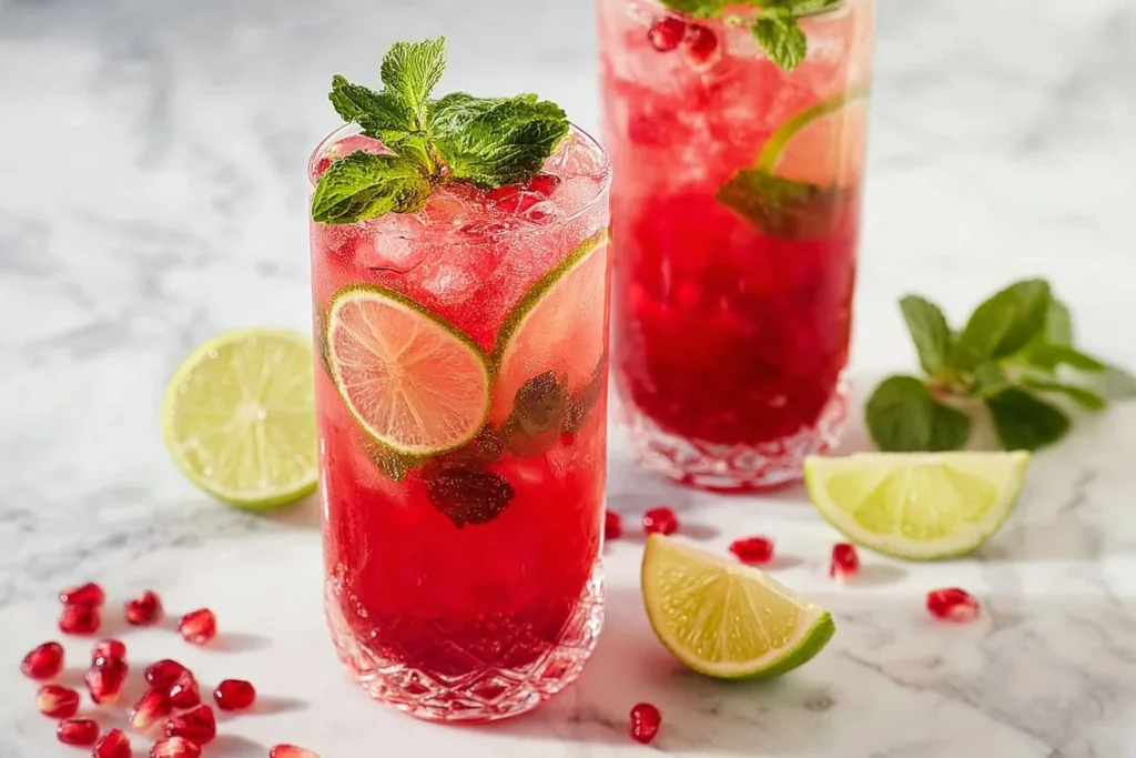 A refreshing pomegranate mocktail garnished with fresh pomegranate seeds and mint leaves.