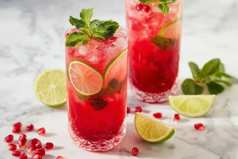 A refreshing pomegranate mocktail garnished with fresh pomegranate seeds and mint leaves.