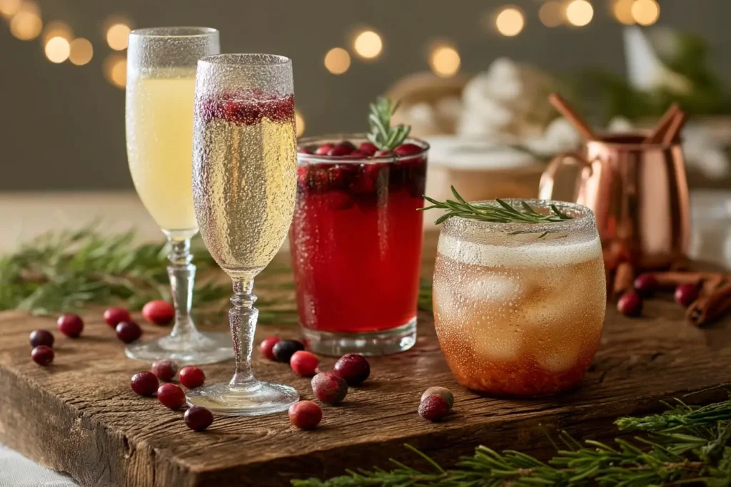 Christmas mocktails assortment including cranberry sparkler, spiced apple cider, and peppermint mocktail in festive glassware