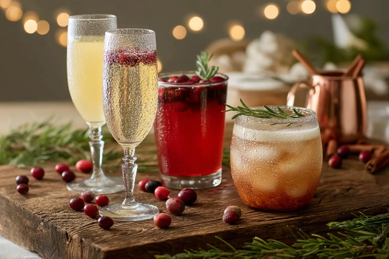 Christmas mocktails assortment including cranberry sparkler, spiced apple cider, and peppermint mocktail in festive glassware