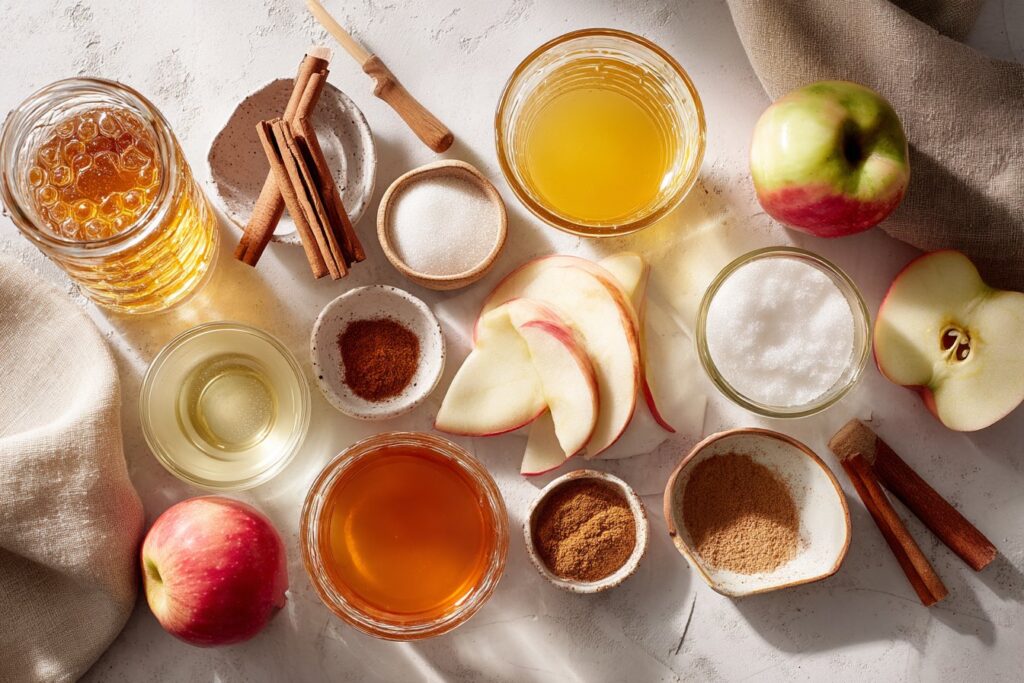 Ingredients for Cinnamon Honey Paloma arranged on a wooden kitchen counter