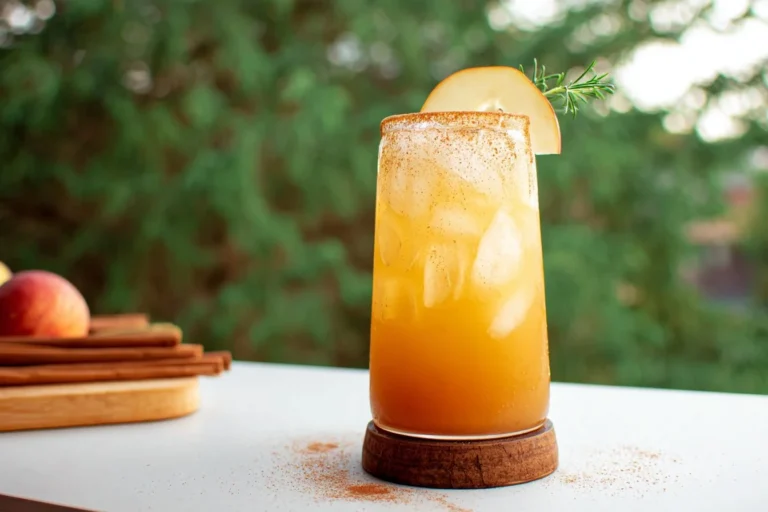 Apple Cider Mocktail with apple slices and cinnamon on a rustic fall table