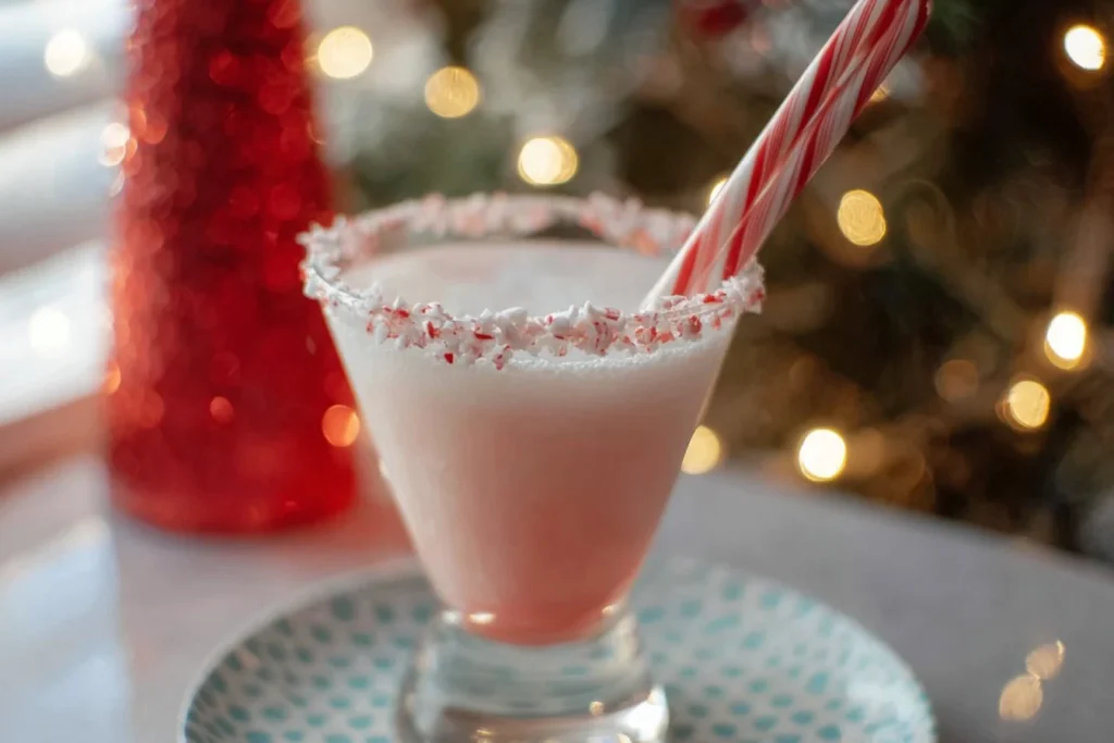 Candy Cane Christmas Mocktail with crushed peppermint rim and candy cane garnish