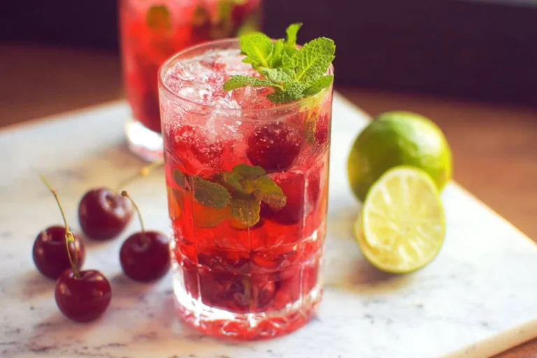 Refreshing Cherry Mojito Mocktail served in a glass with mint and cherries