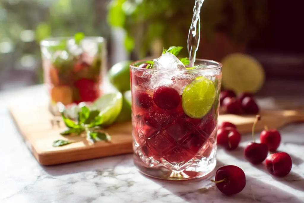 Preparing Cherry Mojito Mocktail by muddling cherries and lime