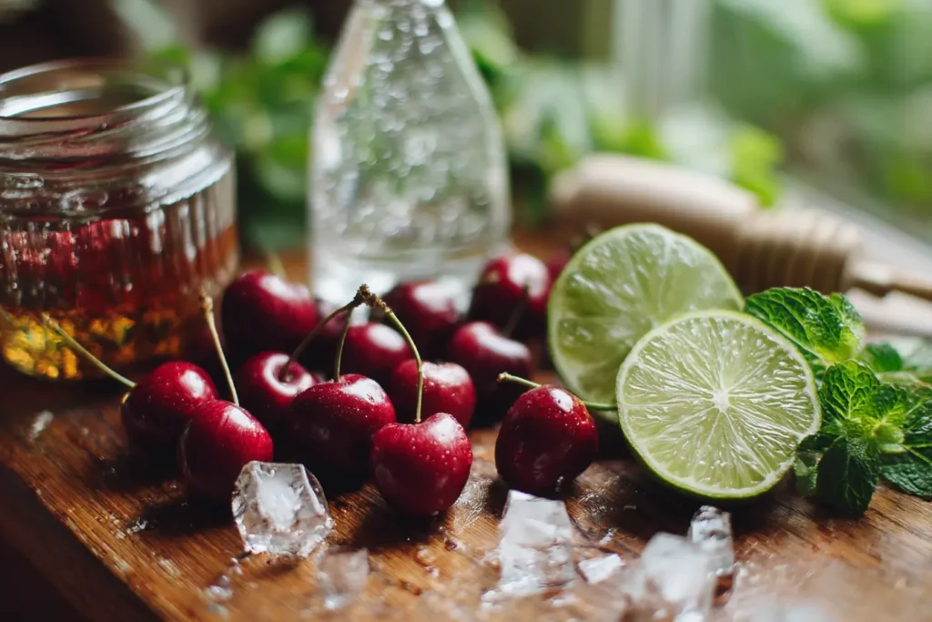 Ingredients for Cherry Mojito Mocktail including cherries, mint, lime, and sparkling water