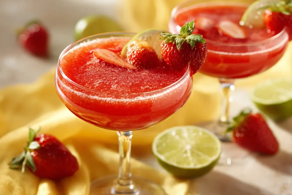 Virgin Strawberry Daiquiri in glass with strawberry and lime garnish