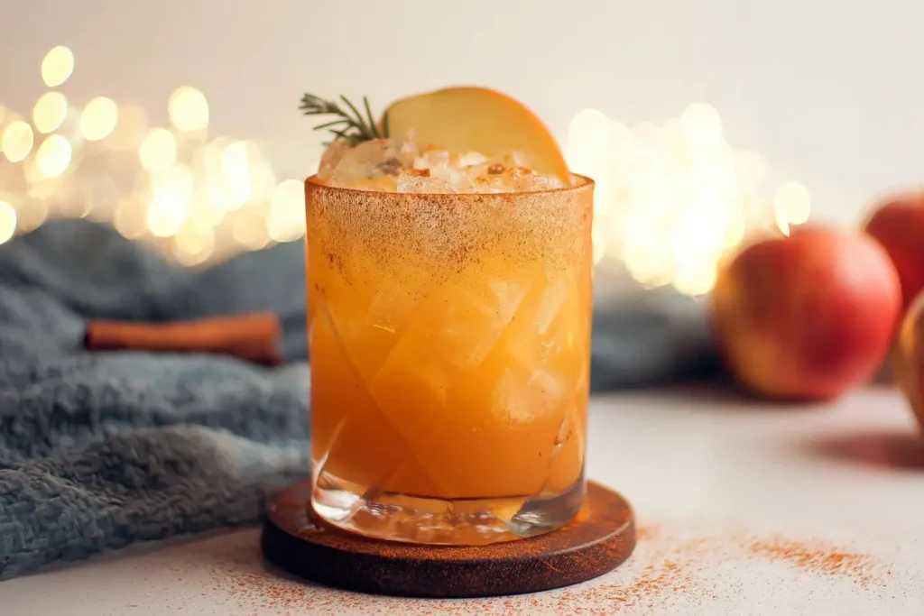 Two Cinnamon Honey Paloma cocktails on a wooden table with fruit and rosemary