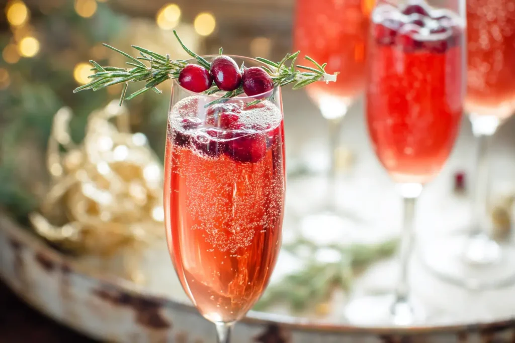 Christmas Cranberry Sparkler mocktail in a champagne flute with cranberry and rosemary garnish
