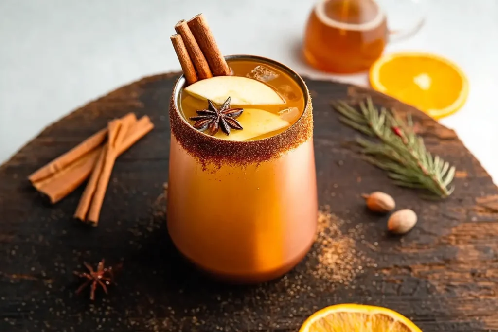 A spiced apple cider mocktail in a rustic mug with a cinnamon stick and orange slice, garnished with star anise.