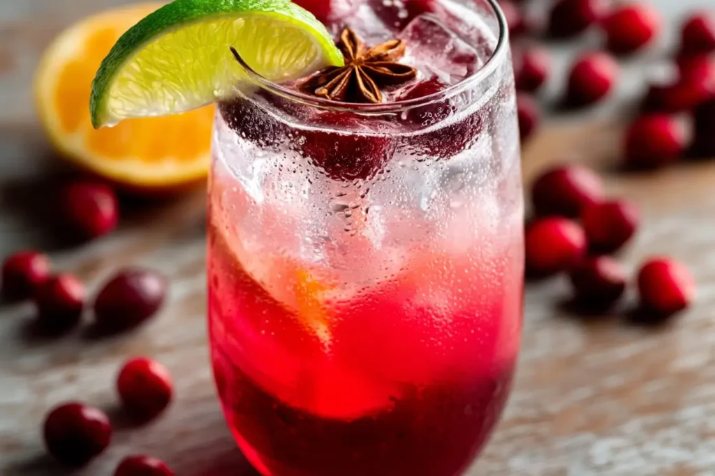 Cranberry and Sprite Sparkler mocktail in tall glass with lime wedge and ice