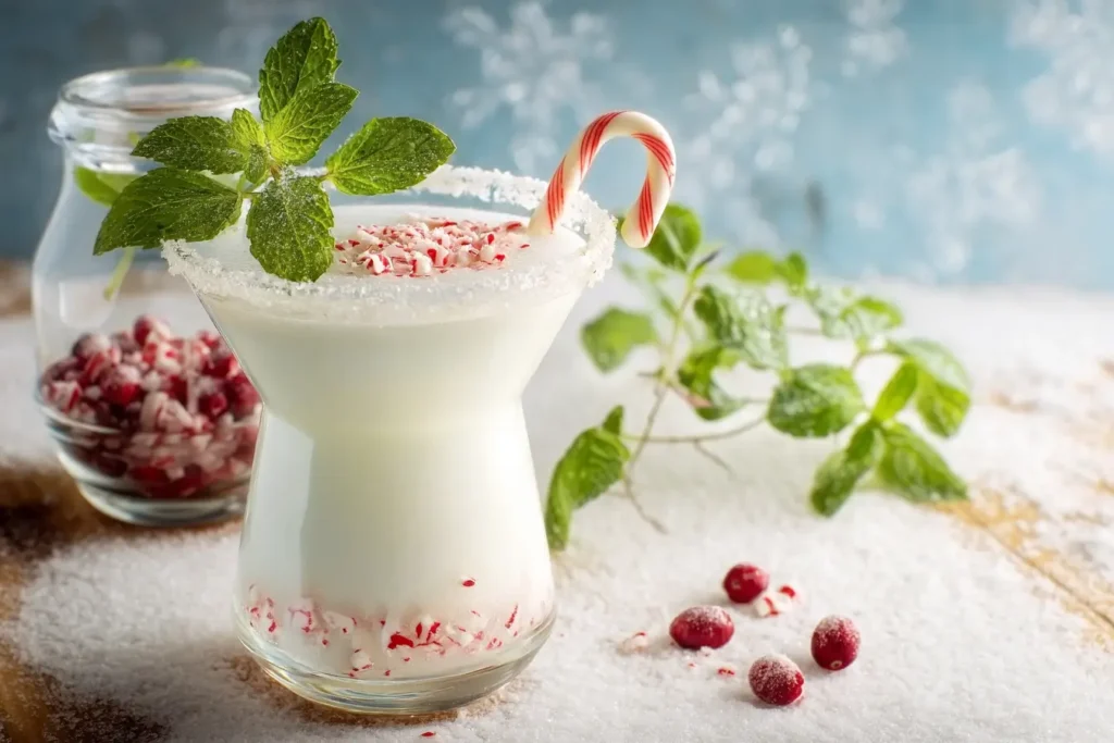 Peppermint Winter Wonderland mocktail in frosty martini glass with candy cane rim and mint garnish