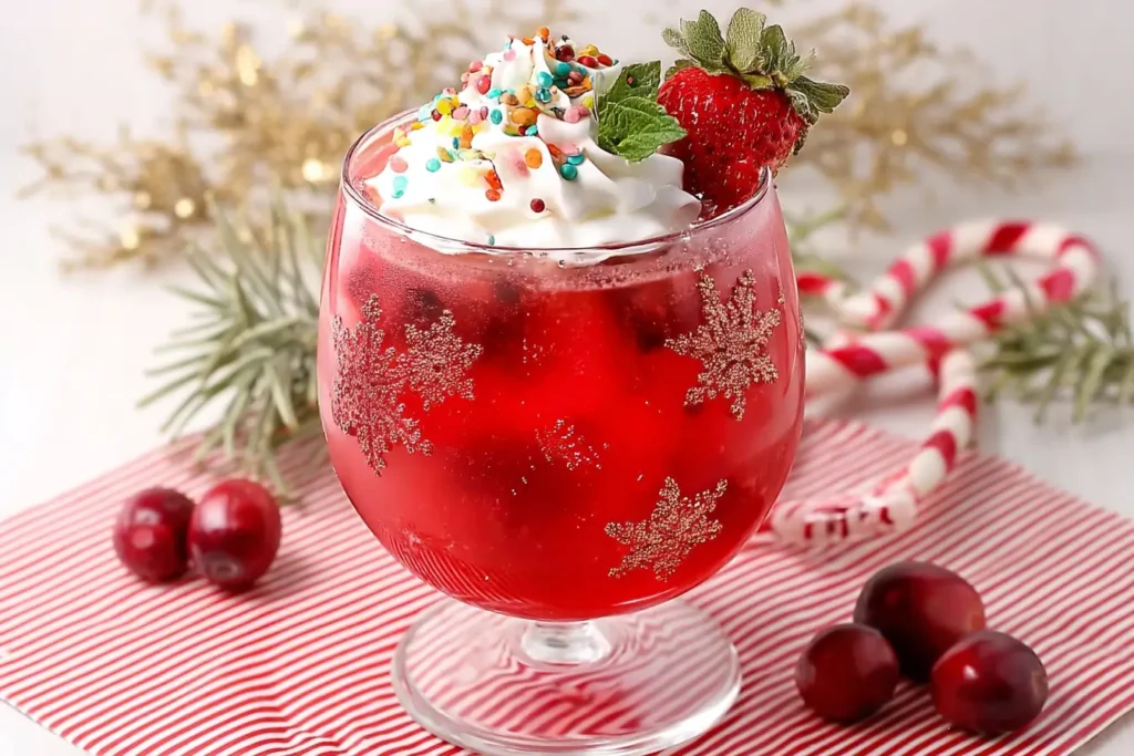 Santa's Berry Helper kid-friendly mocktail with whipped cream and holiday sprinkles