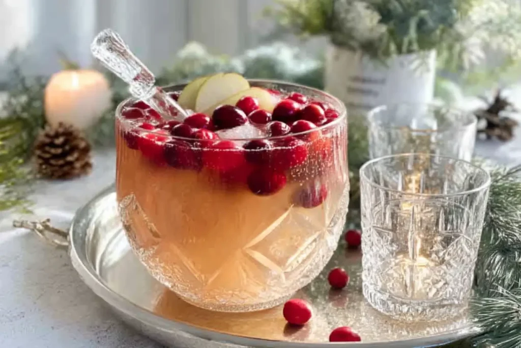 Winter Wonderland Punch in crystal punch bowl with frozen pear slices and cranberries