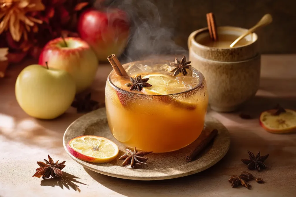 Spiced Apple Cider Punch in rustic ceramic bowl with cinnamon sticks and orange slices